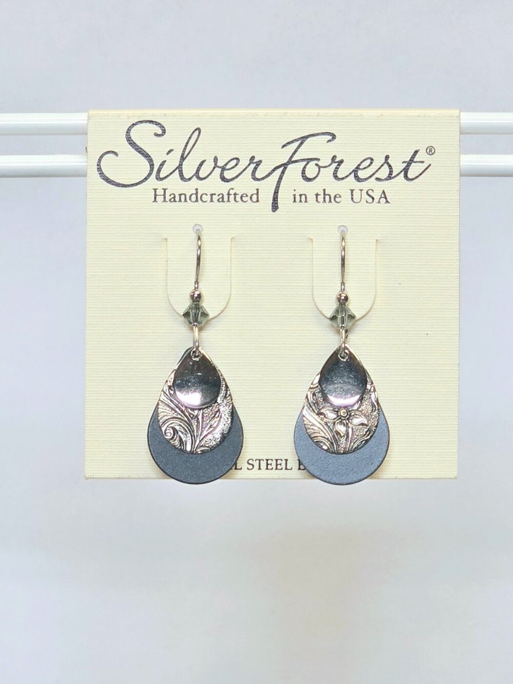 Silver Forest Earrings Silver Filigree on Black Teardrop